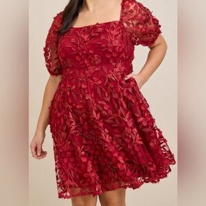 Torrid Mini Red Textured Puff Sleeve Skater Dress, Sz 20
